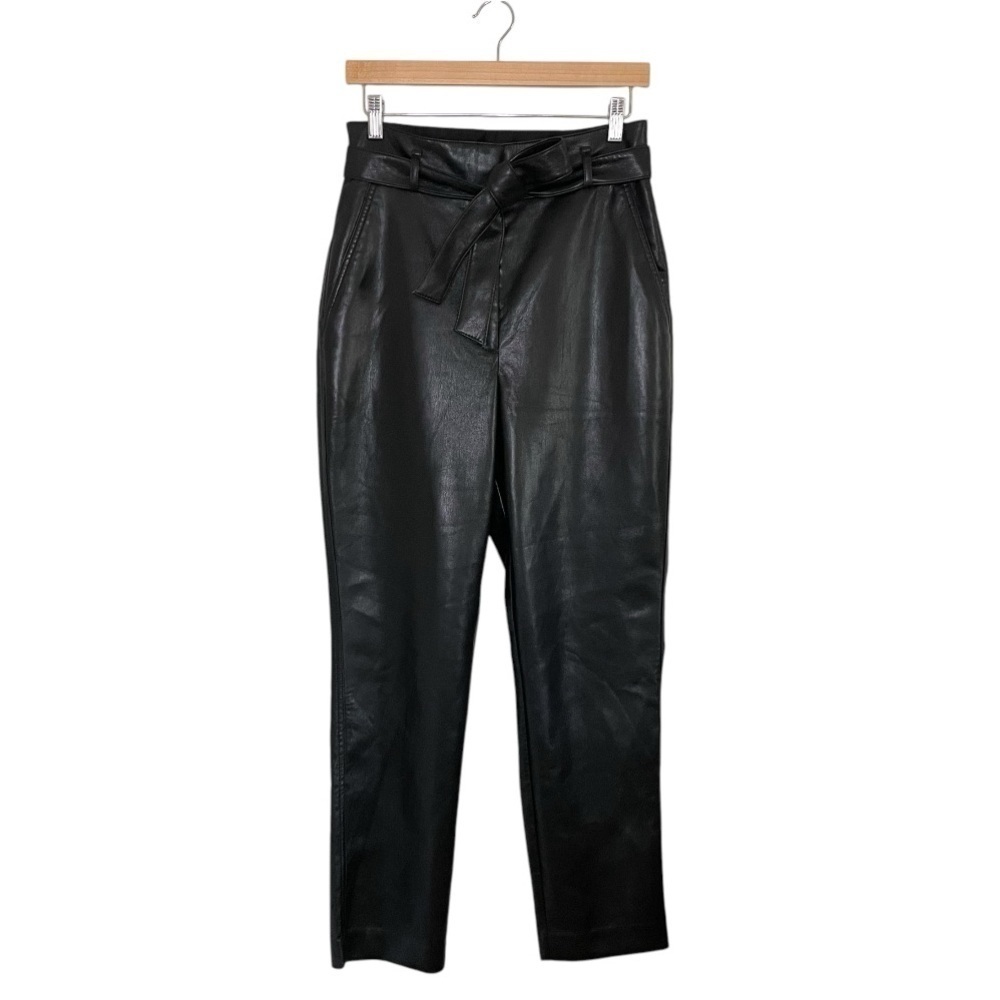 Aritzia Babaton Vegan Leather Belted Pant High Waist Tie Front Trouser Black 8 - Picture 7 of 16